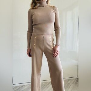 Tan Ribbed Knit Wide Leg Pant and Matching Top. Sold as a set.